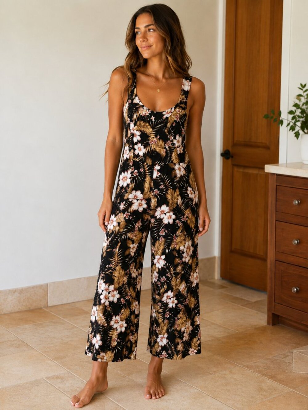 Rip Curl Black Floral Tropical Wide Leg Cropped Jumpsuit Romper